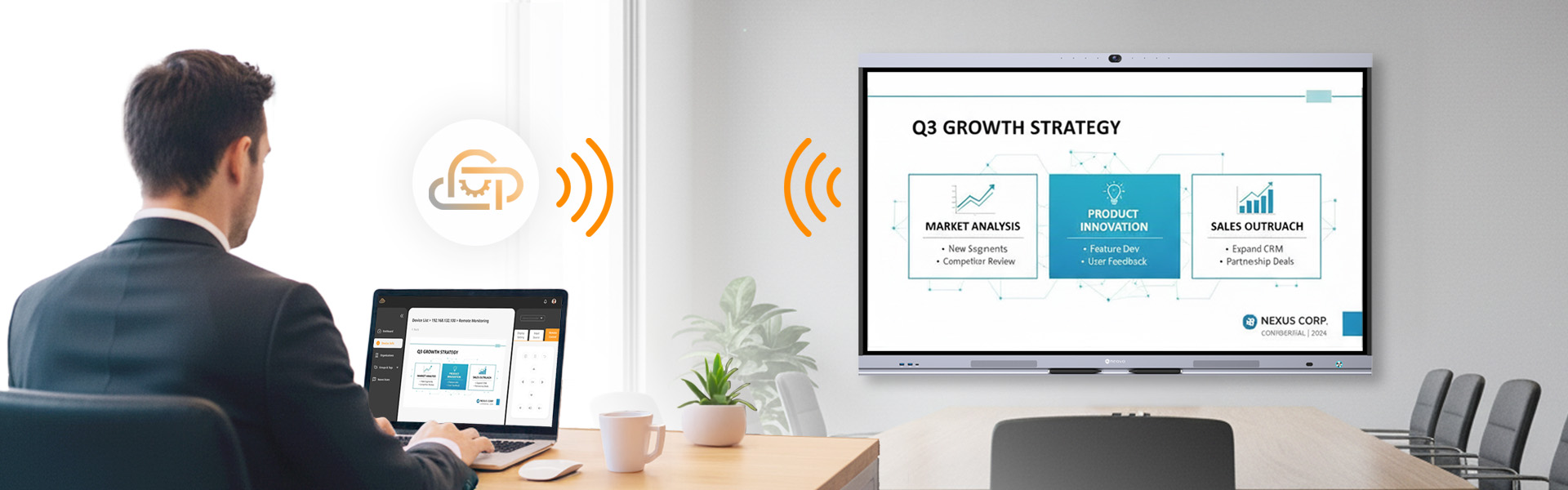 一名男子用筆電操作 Neovo Manager 以集中控制顯示器