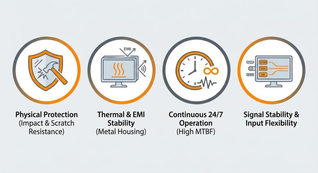 Key technical advantages of durable displays for system integrators, including physical protection with impact and scratch resistance, metal housing for thermal and EMI stability, 24/7 continuous operation with high MTBF, and versatile signal stability with multiple input flexibility.