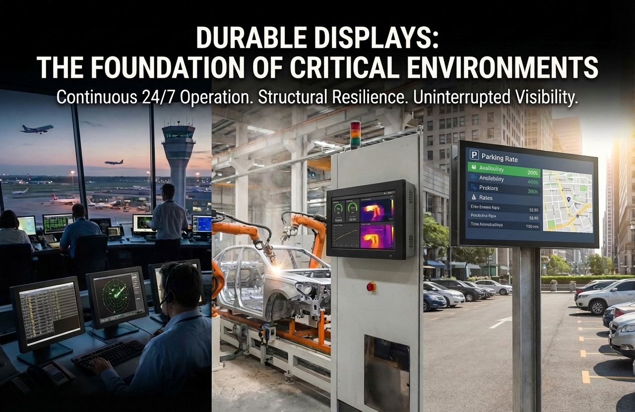 Professional durable displays for critical environments, showcasing mission-critical applications in aviation control rooms, industrial manufacturing floors, and outdoor parking facilities to ensure continuous 24/7 operation and structural resilience.