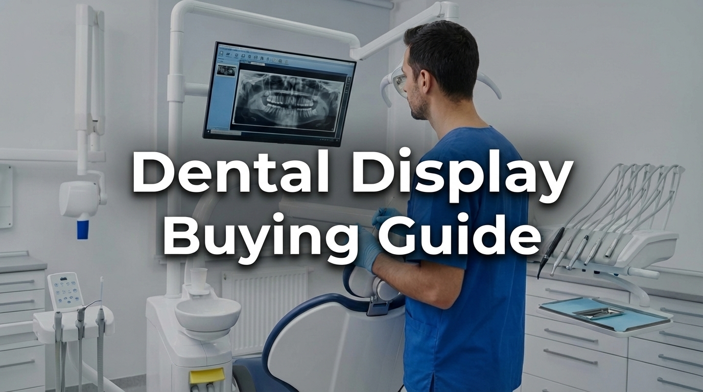 Male dentist in a modern clinic viewing a panoramic X-ray on a chair-mounted professional dental display, with the blog title text 