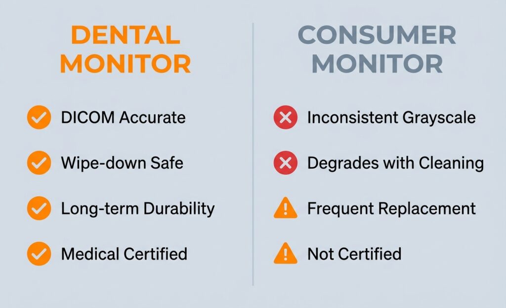 Dental Monitor vs Consumer Monitor: 5 Reasons Clinics Upgrade 5 A branded infographic comparing dental monitors (orange checkmarks: DICOM Accurate, Wipe-down Safe, Long-term Durability, Medical Certified) to consumer monitors (red Xs/warnings: Inconsistent Grayscale, Degrades with Cleaning, Frequent Replacement, Not Certified).