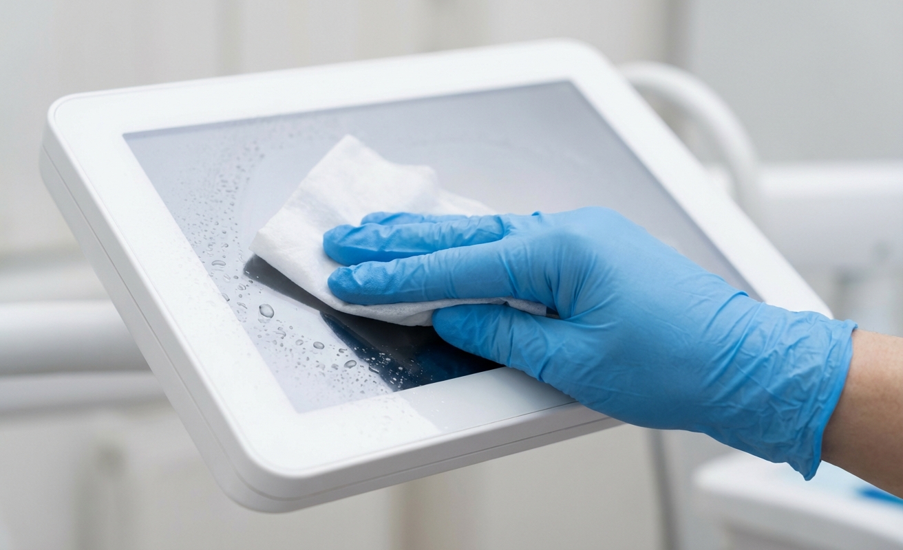 Dental Monitor vs Consumer Monitor: 5 Reasons Clinics Upgrade 3 Close-up of a hand in a blue medical glove cleaning a sealed, medical-grade dental monitor with a disinfectant wipe.