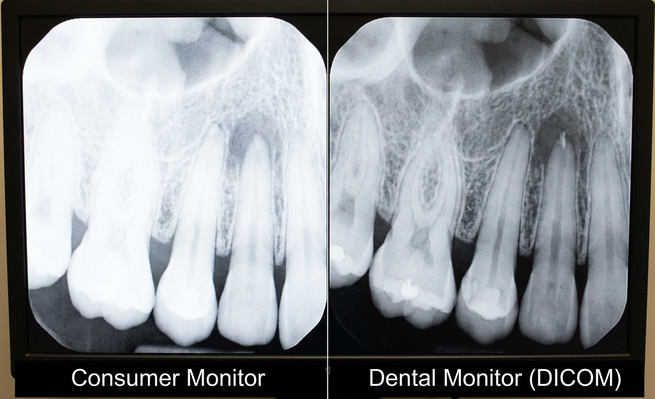 Dental Monitor vs Consumer Monitor: 5 Reasons Clinics Upgrade 1 A split-screen comparison showing a washed-out dental X-ray on a consumer monitor versus a sharp, detailed X-ray on a DICOM-calibrated dental monitor.