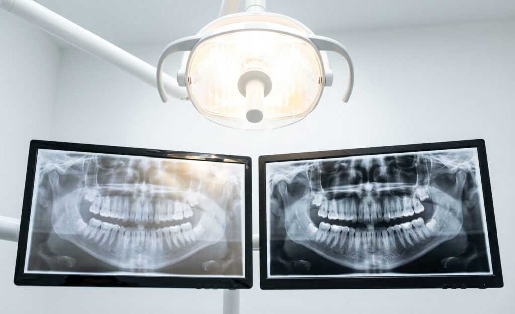Dental Monitor vs Consumer Monitor: 5 Reasons Clinics Upgrade 2 A standard glossy monitor with glare under a bright surgical light, compared to a professional dental monitor showing a clear image.