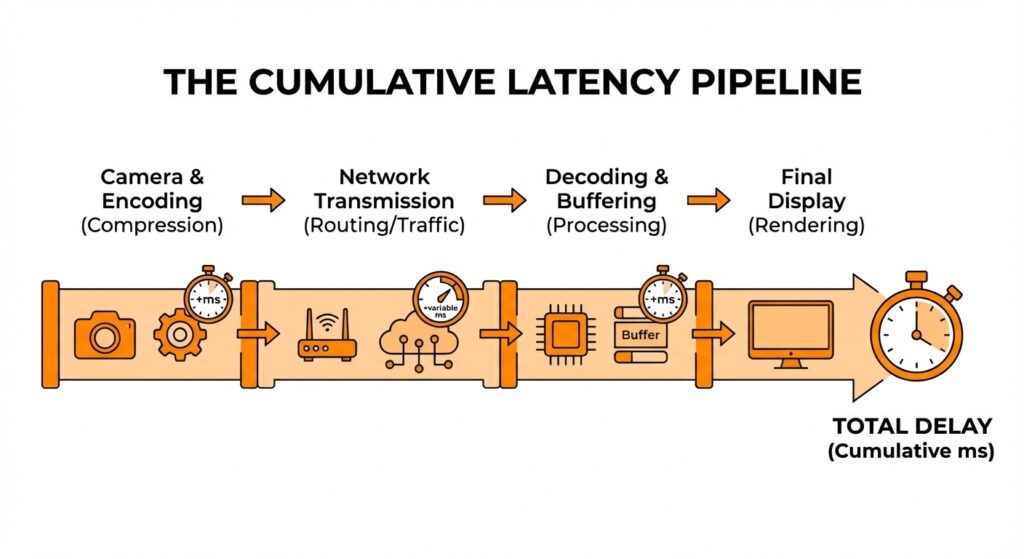 Why Low Latency Matters in Real-Time Surveillance Monitoring 1 An infographic of "The Cumulative Latency Pipeline," showing the four stages of video delay: Camera & Encoding (Compression), Network Transmission (Routing/Traffic), Decoding & Buffering (Processing), and Final Display (Rendering), resulting in Total Delay (Cumulative ms)