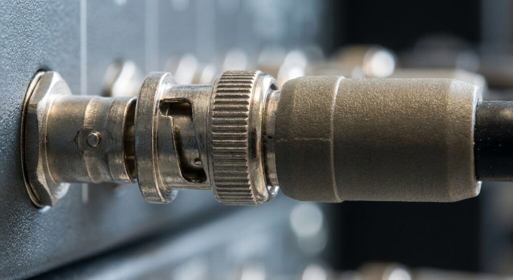 Detail of a secure BNC bayonet connector on a professional monitoring display, designed to prevent signal loss in high-vibration surveillance environments.