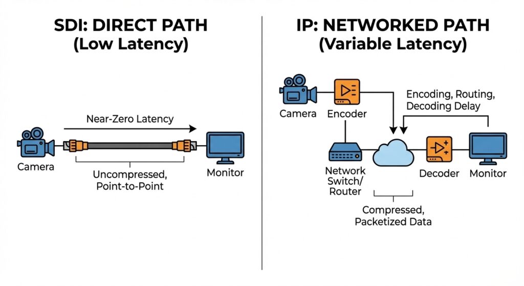 Technical diagram comparing the direct signal path of an SDI display with near-zero latency versus the complex networked path of IP video involving encoding and decoding delays.