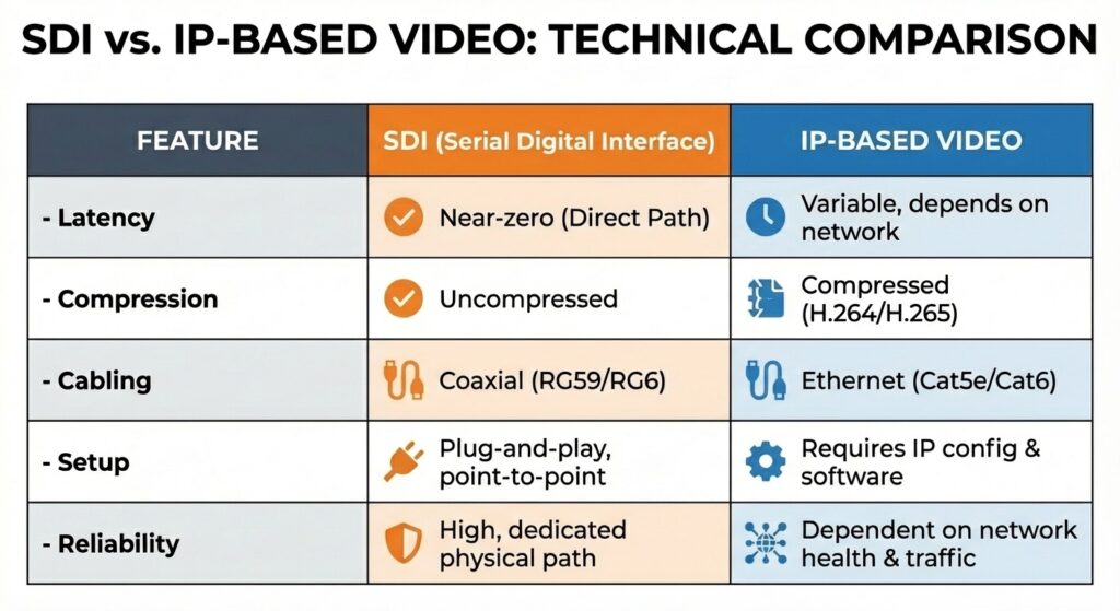 SDI vs IP-based video technical comparison table covering latency, compression, cabling, setup, and system reliability for professional surveillance.