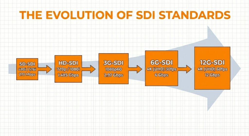 The evolution of SDI standards diagram, showing technical progression from SD-SDI (270 Mbps) to 12G-SDI supporting 4K UHD at 60fps with 12 Gbps bandwidth.
