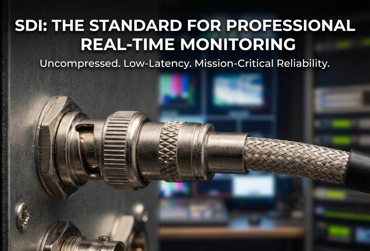 A professional BNC connector and coaxial cable plugged into an AG Neovo SDI display, ensuring uncompressed signal integrity for mission-critical real-time monitoring.
