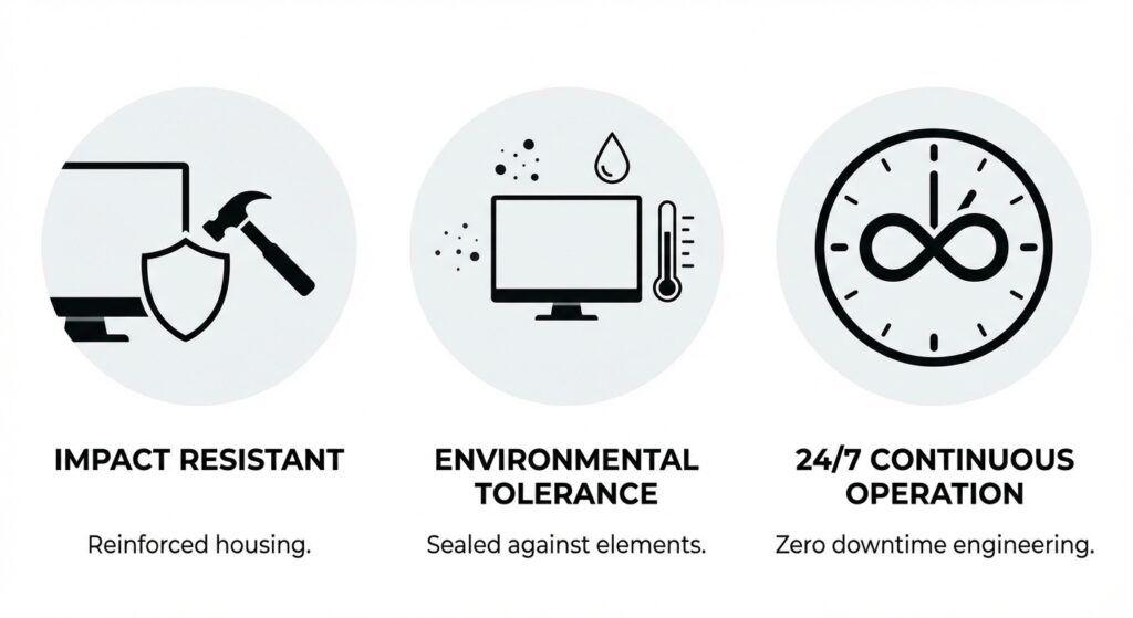 How to Choose the Right SDI Monitor for Real-Time Surveillance 2 Infographic showing three key reliability features of AG Neovo displays: Impact Resistant with reinforced housing, Environmental Tolerance sealed against elements, and 24/7 Continuous Operation for zero downtime engineering.