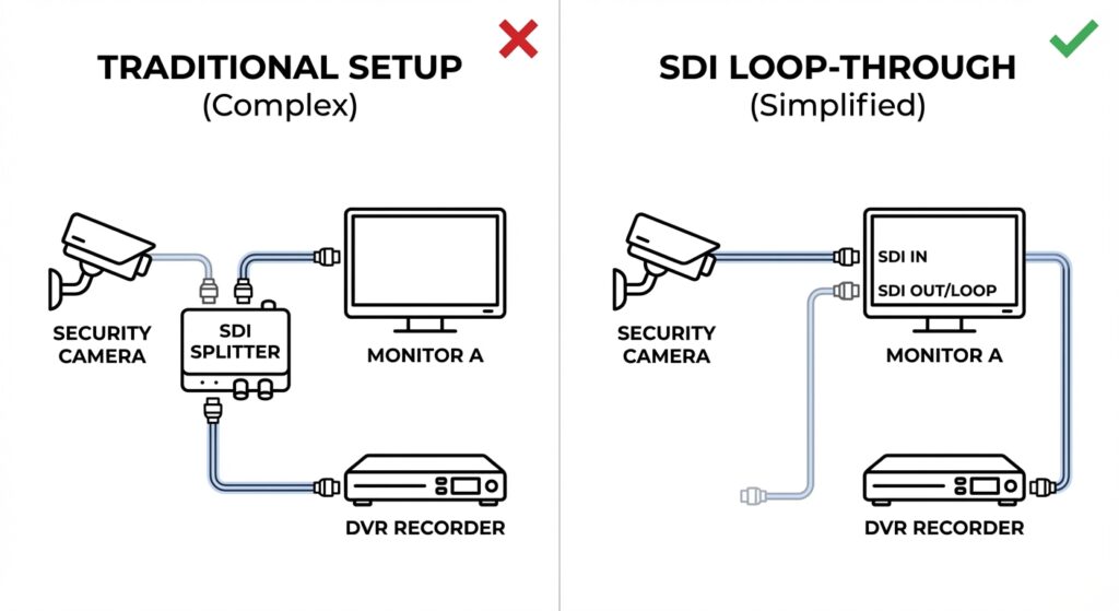 How to Choose the Right SDI Monitor for Real-Time Surveillance 3 A technical comparison between a complex traditional setup using an external SDI splitter and a simplified SDI loop-through configuration on an AG Neovo monitor.