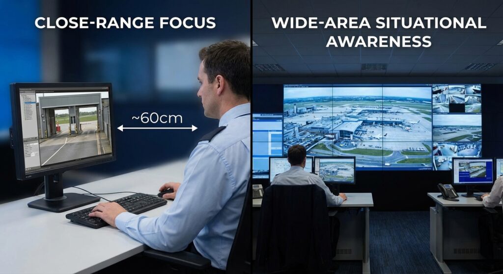 How to Choose the Right SDI Monitor for Real-Time Surveillance 4 Side-by-side comparison of monitoring setups: close-range focus at 60cm on a single workstation and wide-area situational awareness using a large-scale video wall in a surveillance room.