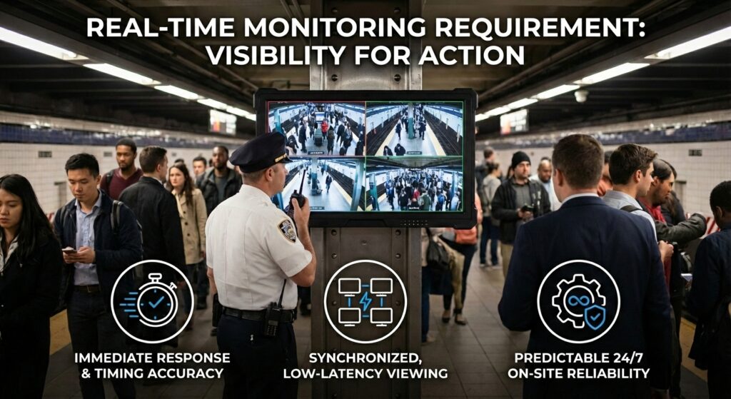 How to Choose the Right SDI Monitor for Real-Time Surveillance 1 An SDI display, showing a quad-view security camera feed, is mounted in a bustling metro station. A security officer uses a radio beside it. Below, three icons highlight key features: "Immediate Response & Timing Accuracy," "Synchronized, Low-Latency Viewing," and "Predictable 24/7 On-site Reliability." The headline reads, "Real-Time Monitoring Requirement: Visibility for Action."