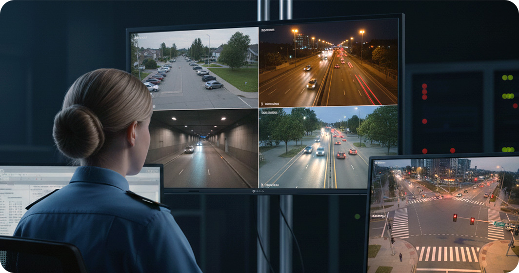 AG Neovo Multiview monitor support up to 4 inputs are being used by a female officer in traffic control room