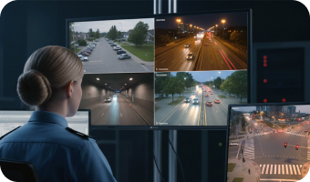 AG Neovo Multiview monitor support up to 4 inputs are being used by a female officer in traffic control room