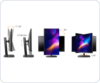 AG Neovo 144hz Full HD 1080P LCD Monitor supports height adjustable, tilt, swivel, and pivot.