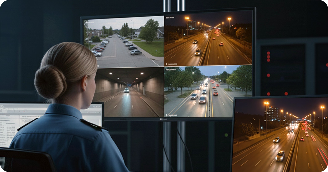 AG Neovo Multiview monitor support up to 4 inputs are being used by a female officer in traffic control room