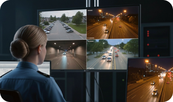 AG Neovo Multiview monitor support up to 4 inputs are being used by a female officer in traffic control room