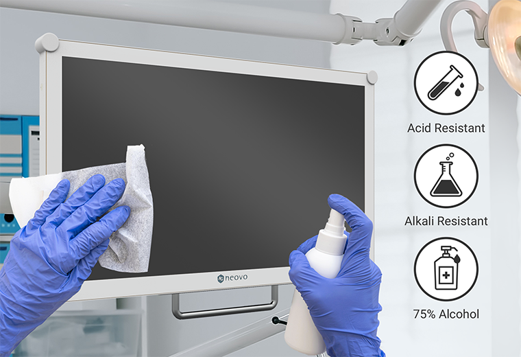 AG Neovo NeoV Optical Glass tested to CNS 13033 acid and alkali abrasion standards, ensuring resistance against chemical damage from alcohol and common cleaning agents.