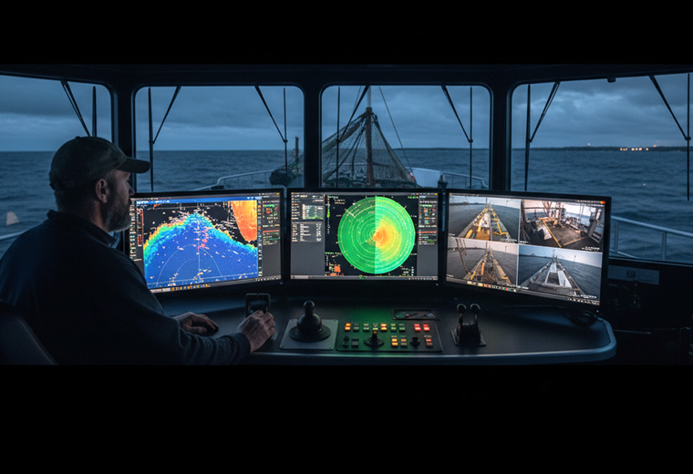A man is looking at professional marine display monitors used for high-definition data visualization and auxiliary monitoring in a maritime command center.