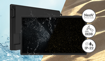 AG Neovo TTN Series display demonstrating IP22 water and dust resistance and IK08 impact protection with NeoV Optical Glass_Mobile Version