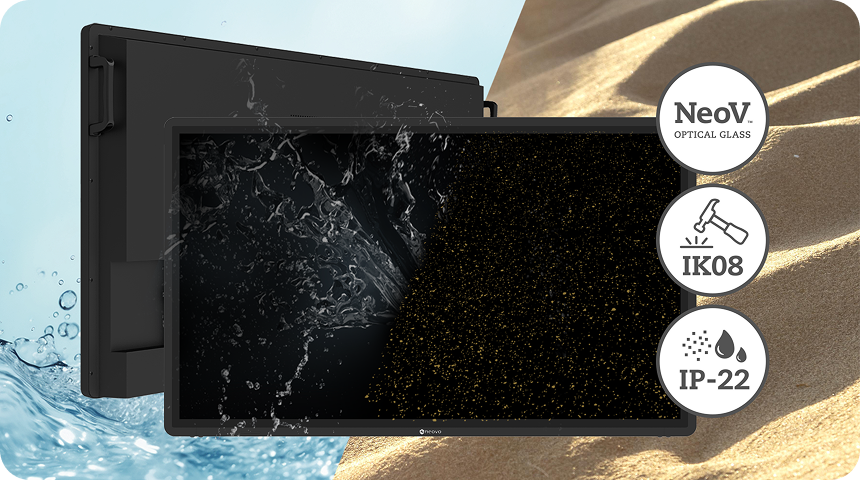 AG Neovo TTN Series display demonstrating IP22 water and dust resistance and IK08 impact protection with NeoV Optical Glass