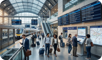 AG Neovo transportation display solutions in a modern train station, featuring large passenger information display systems (PIDS) and interactive wayfinding kiosks._Mobile Version.