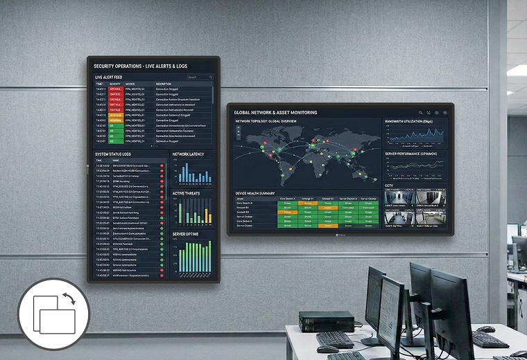 AG Neovo TTN Series displays demonstrating flexible installation with both portrait and landscape orientations in a control room setting
