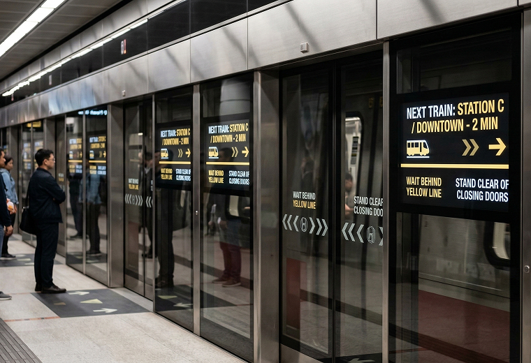 AG Neovo displays integrated into platform screen doors (PSD), showing real-time train arrivals and safety instructions at a modern metro station.
