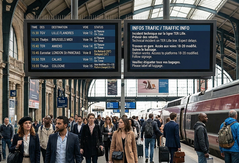 AG Neovo passenger information display systems (PIDS) showing real-time train schedules above a busy station platform.