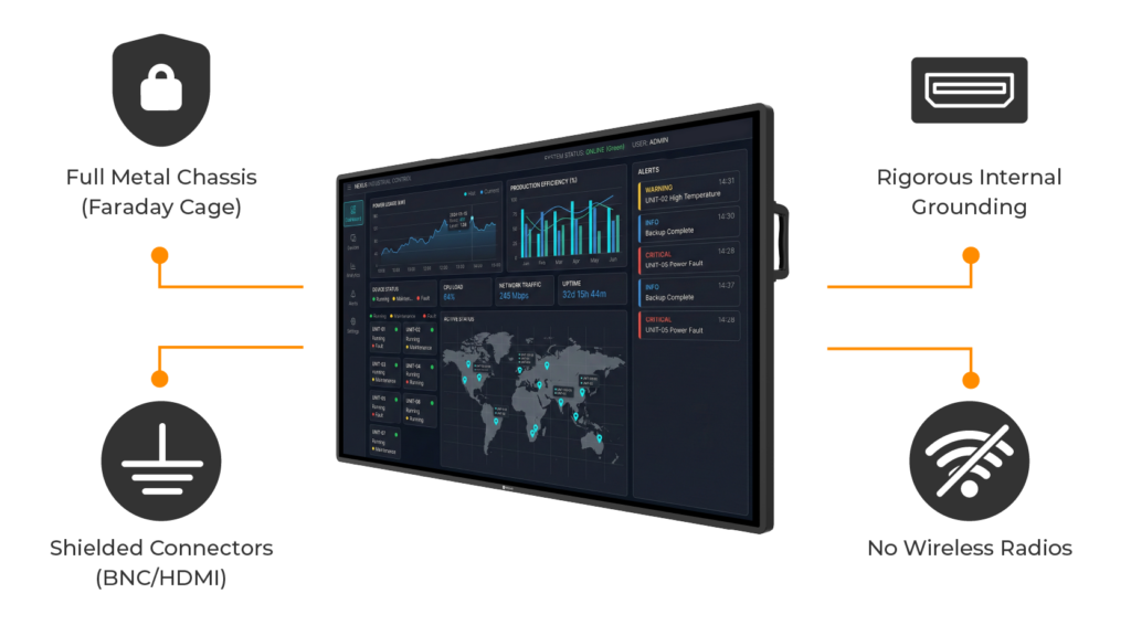 Diagram highlighting essential features of a secure display for SCIF environments, including a full metal chassis, rigorous internal grounding, shielded BNC connectors, and zero wireless radios.