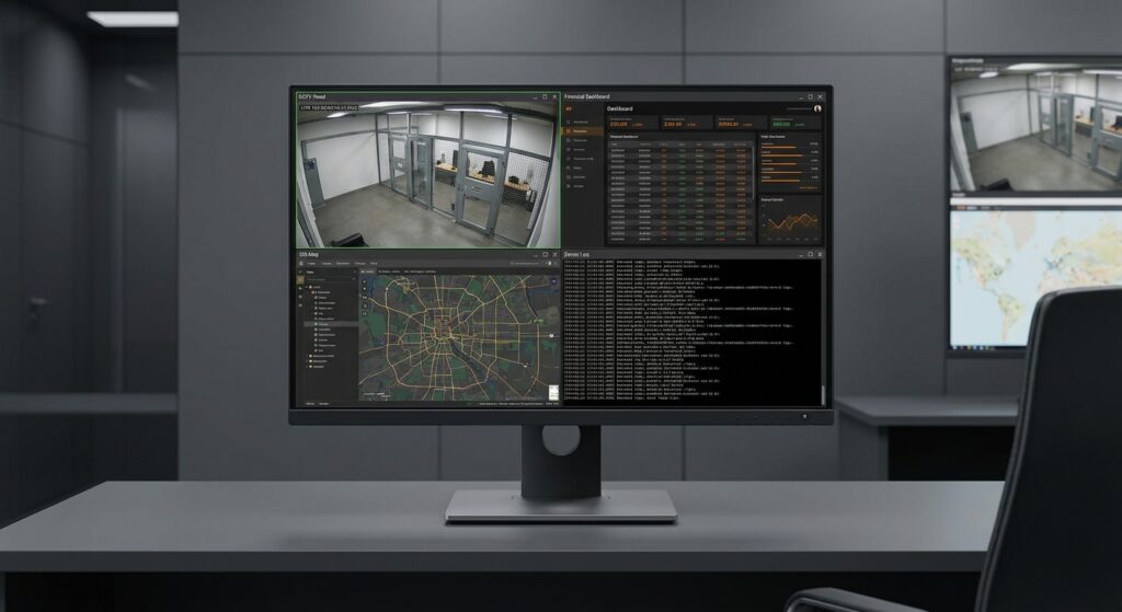 Professional 4 HDMI multi-input monitor displaying four video sources simultaneously in quad-view layout for real-time monitoring