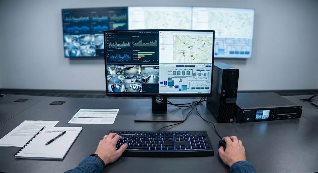 Operator workstation featuring a 4K multiple input monitor displaying a hardware-based quad-view layout with surveillance, maps, and data feeds simultaneously.