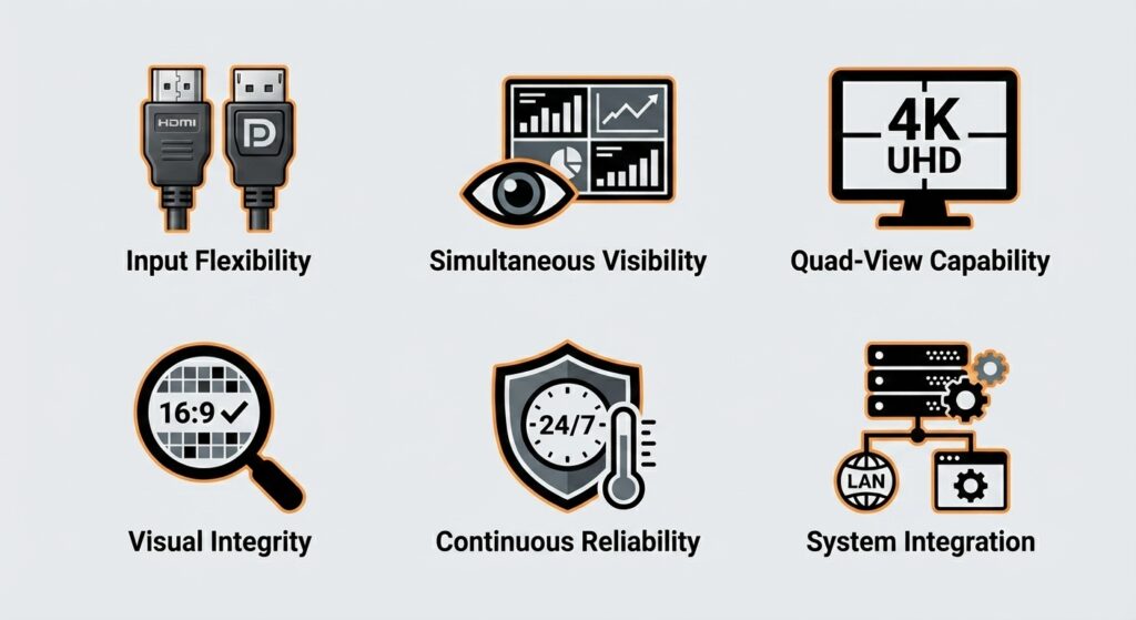 Six key specifications for professional multiple input monitors, including 4K quad-view capability, 16:9 aspect ratio preservation, and 24/7 continuous reliability.