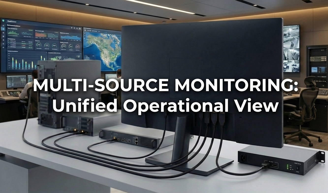Back view of a professional multiple input monitor with four cables directly connected, illustrating a unified multi-source monitoring setup in a control room.
