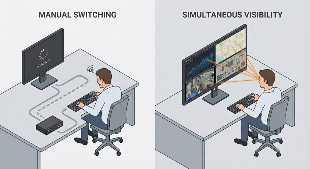 Illustration comparing delayed manual input switching via an external box versus simultaneous visibility on a professional multiple input monitor.