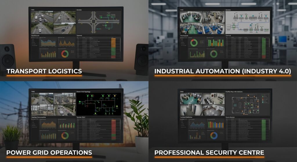 Examples of multi-source monitoring applications across transport logistics, Industry 4.0 automation, power grid operations, and professional security centres.