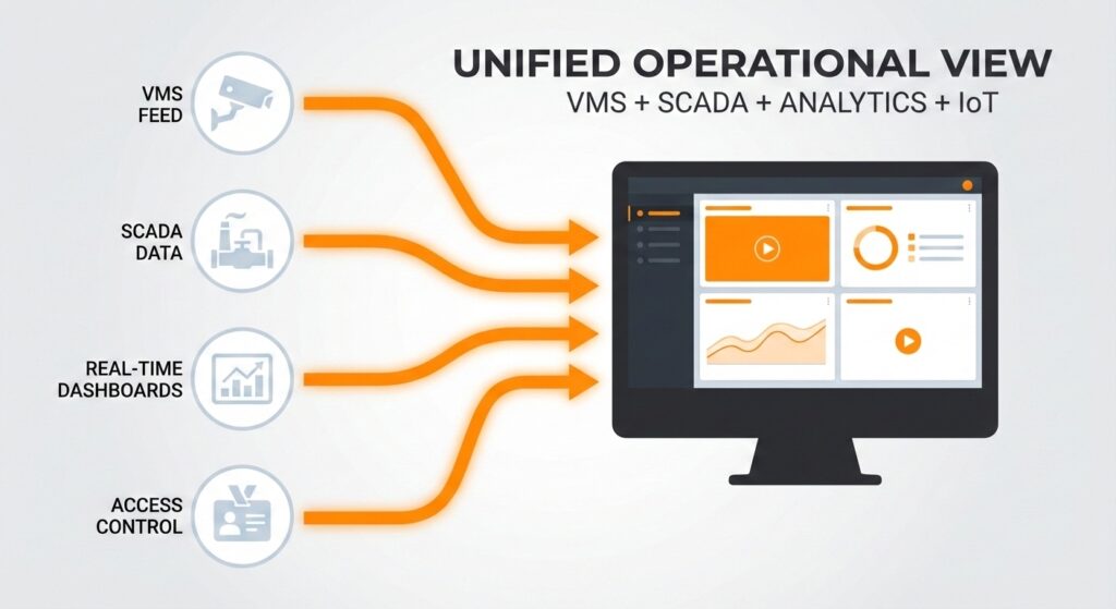 Diagram showing a unified operational view that consolidates VMS feeds, SCADA data, real-time dashboards, and access control onto a single monitor.