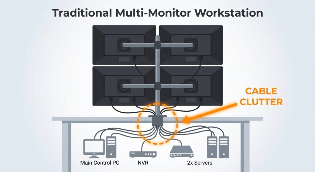Diagram illustrating the cable clutter and hardware sprawl issues associated with a traditional multi-monitor workstation setup.