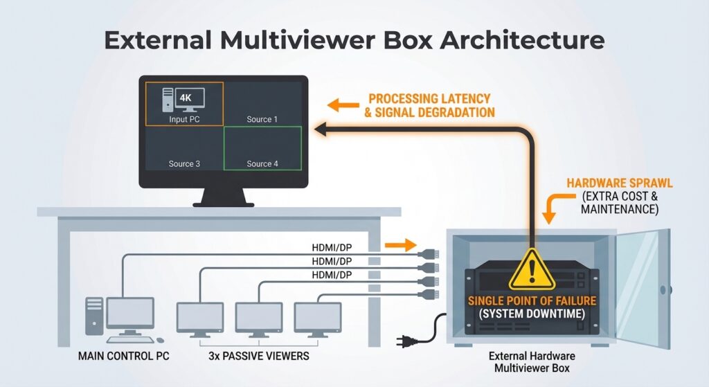 Diagram illustrating the vulnerabilities of an external multiviewer box architecture, highlighting single points of failure, hardware sprawl, and processing latency in a control room setup.