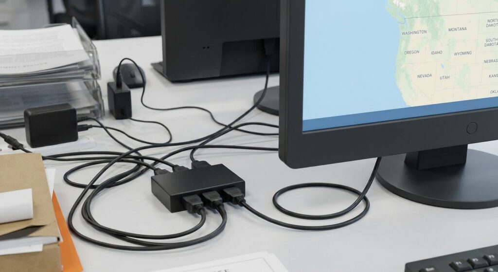 cluttered desk external hdmi switcher messy cables