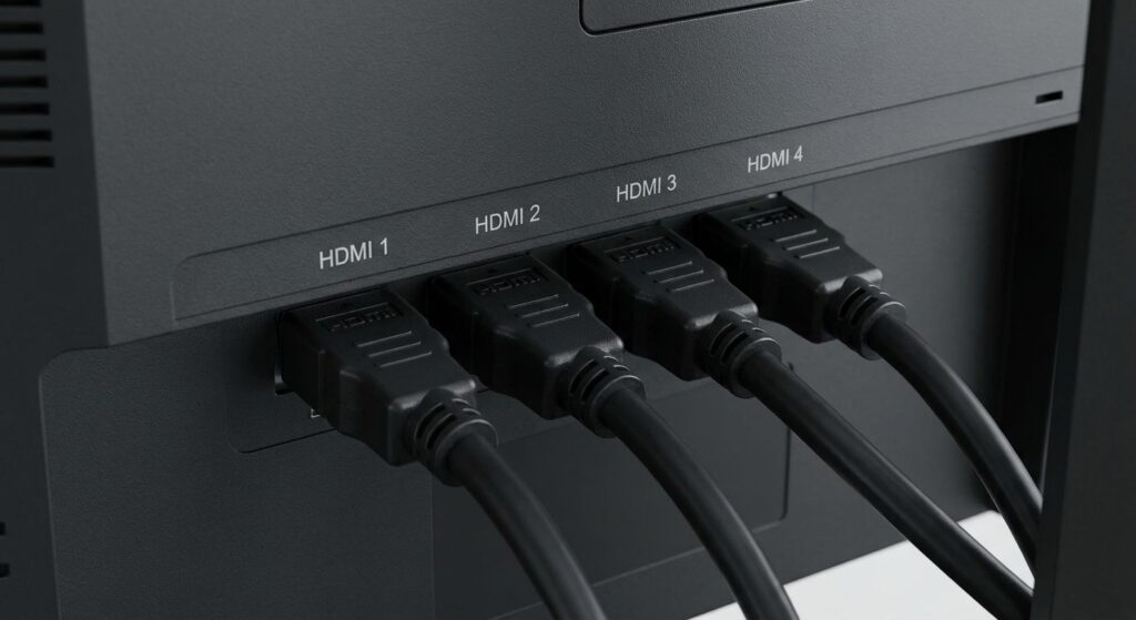 professional monitor rear panel 4 hdmi ports closeup