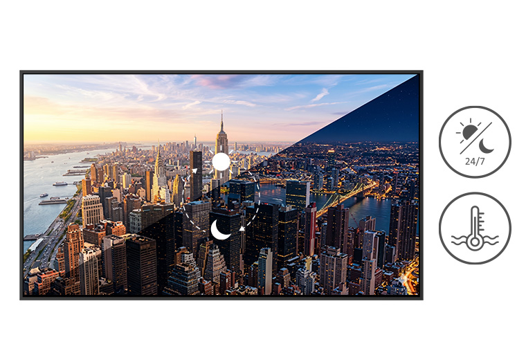 PD Series commercial display with 24/7 operation and temperature tolerance icons