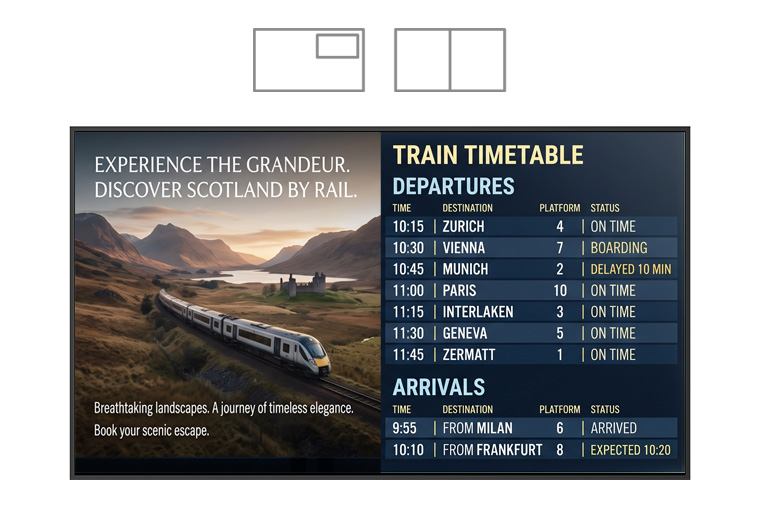 PD Series commercial display with dual-source split-screen content viewing