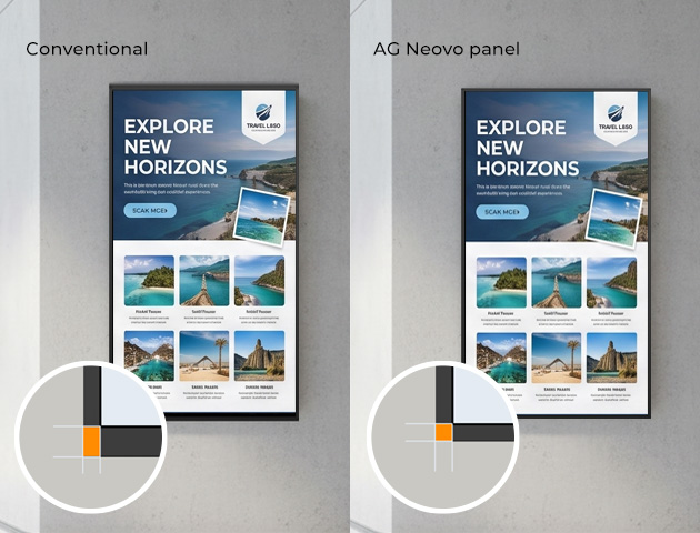 PD Series commercial display with even bezel design compared to conventional panel