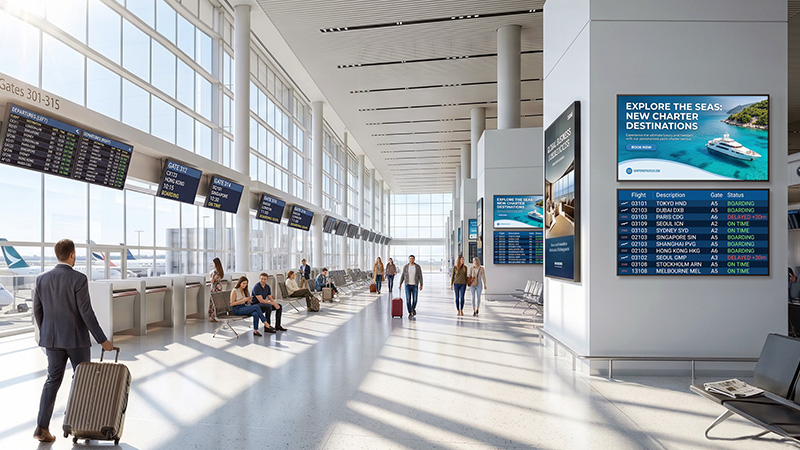 Alt Text AG Neovo PD Series commercial displays in a bright transportation hub showing digital signage and flight information.