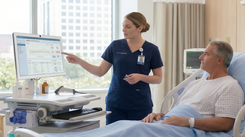 Medical All In One PC on mobile cart is being used by a nurse in blue scrub to explain the male patient condition next to the bedside