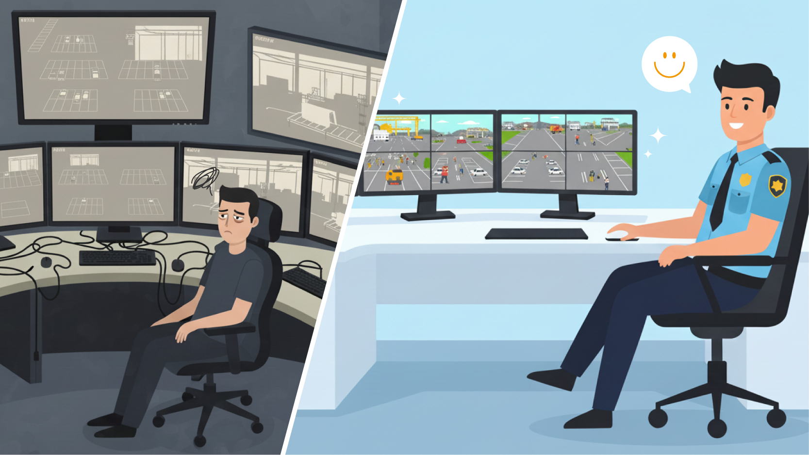 Control room operator without and with display with build in 4 HDMI Multiviewer