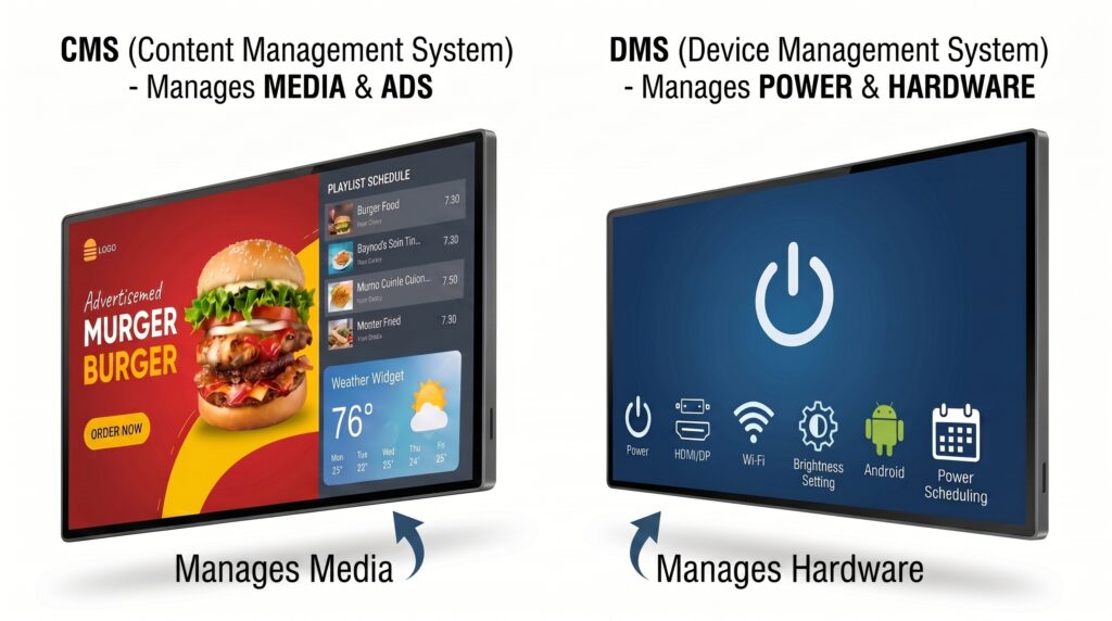 Beyond Installation: Remote Display Management for Multi-Location Displays 2 Comparison showing how a CMS manages media and ads while a device management system manages display power, hardware settings, inputs, and scheduling.
